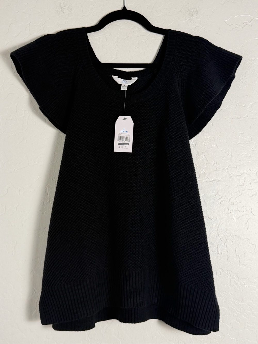 Time & Tru Women's Sz L 12/14 Knit Blouse Black Flutter Sleeves Pullover